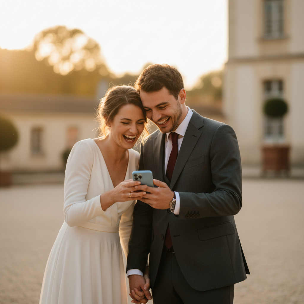Mariés regardant leur smartphone avec complicité