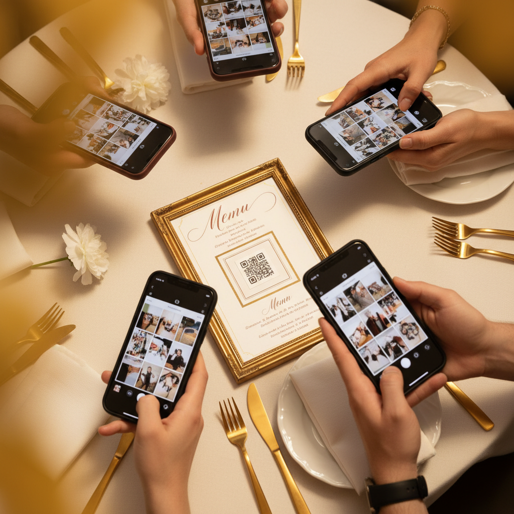 Smartphones autour d'un menu de mariage avec QR code central