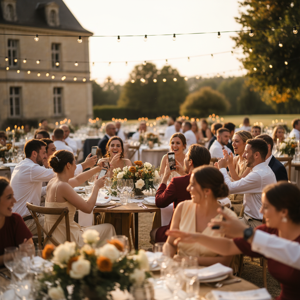Mariage en plein air avec invités à table en lumière dorée