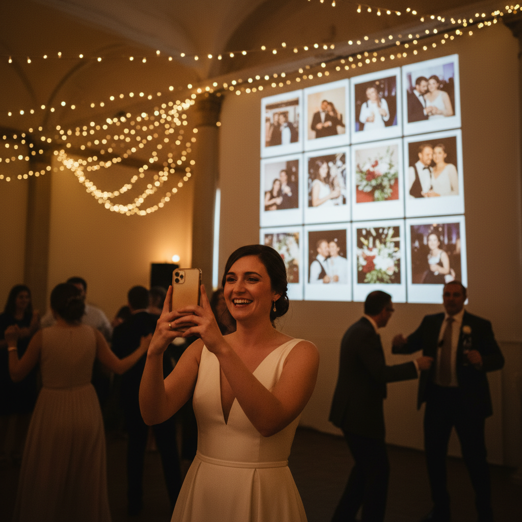 Invitée photographiant avec son téléphone le mur projeté d'un mariage