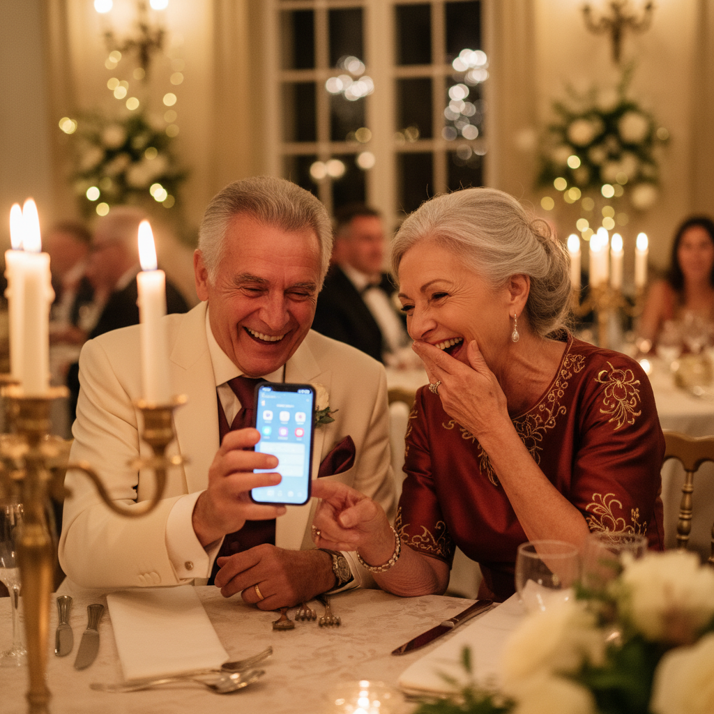Seniors souriant devant un smartphone à un mariage